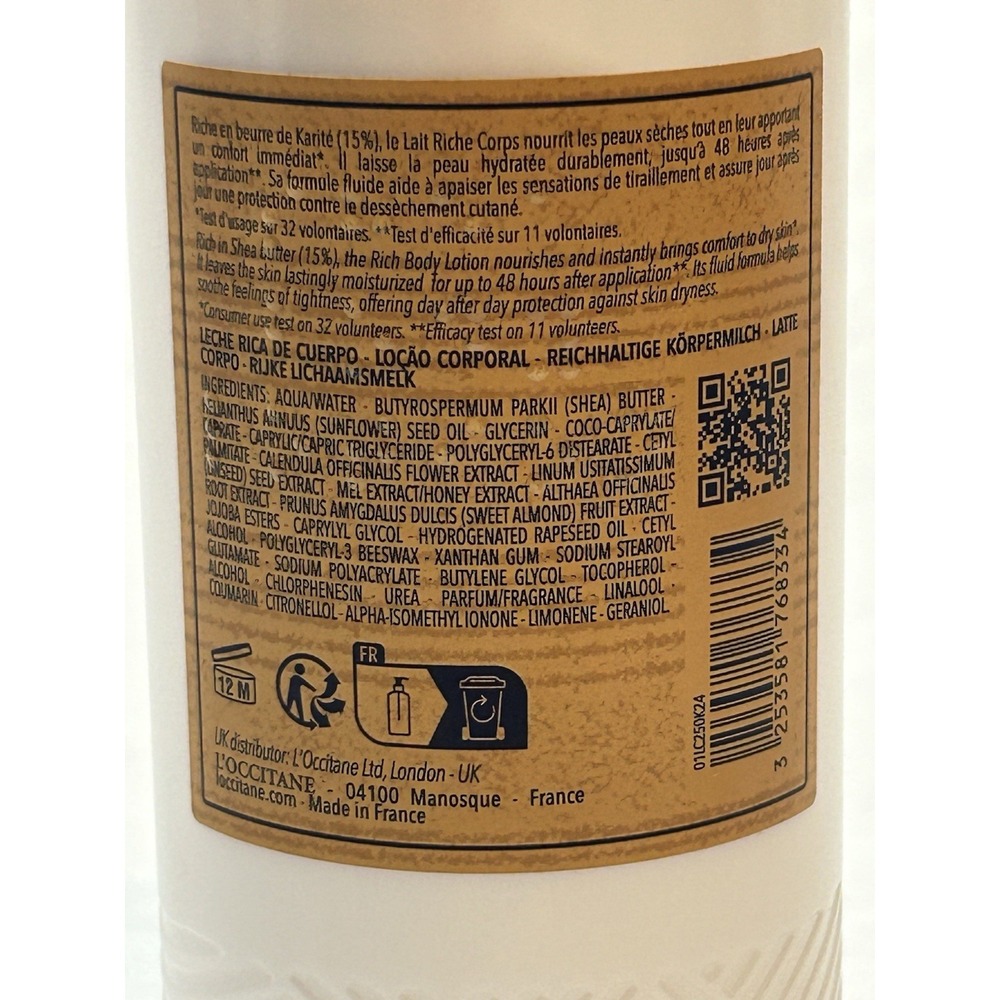 L'OCCITANE 15% Shea Butter Body Rich Lotion 250ml/8.4oz, NEW - Picture 3 of 4